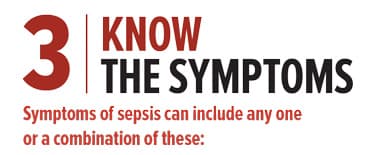 3 Know The Symptoms Symptoms of sepsis can include any one or a combination of these: Confusion or disorientation Shortness of breath High heart rate Fever, or shivering, or feeling very cold Extreme pain or discomfort Clammy or sweaty skin
